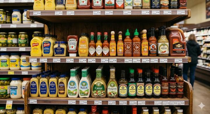 Grocery store shelf stocked with rows of sauces and condiments including mustard, ketchup, ranch dressing, hot sauce, and marinades — many containing hidden added sugar