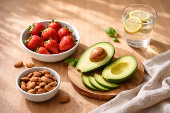 Fresh fruits and vegetables on a kitchen counter