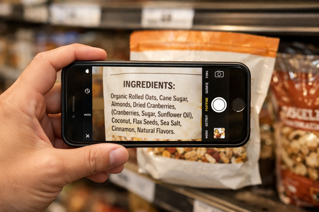Hand holding a phone scanning a food ingredient label in a grocery store