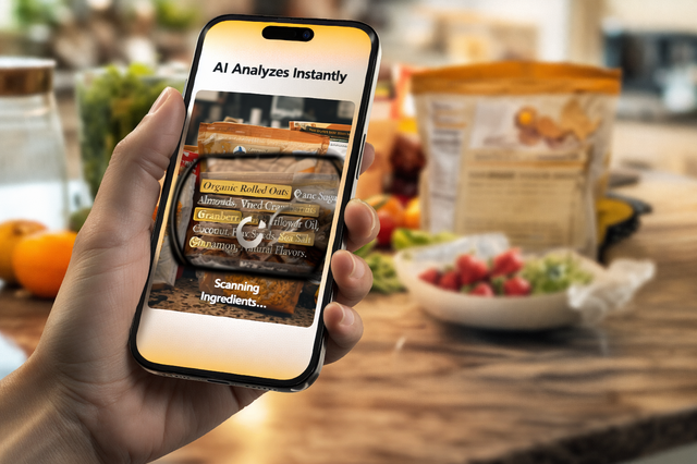 Smartphone screen showing AI analyzing food ingredients and highlighting added sugar