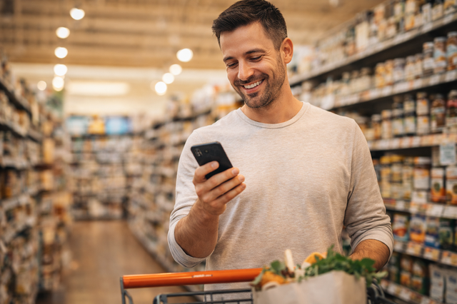 Man smiling while checking his phone in a grocery store aisle with a shopping cart
